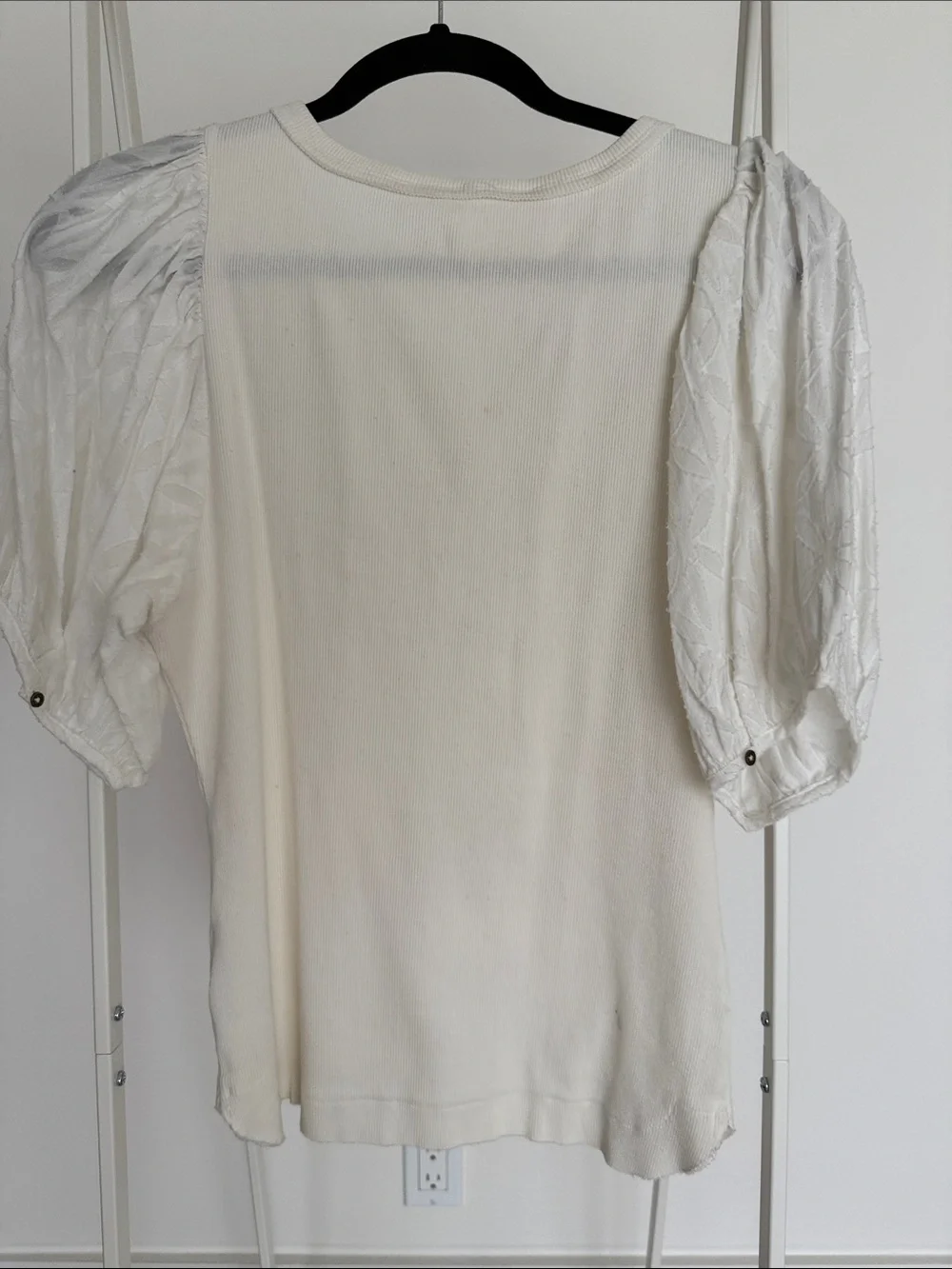 Anthropologie Ivory Textured Puff-Sleeve Henley Top